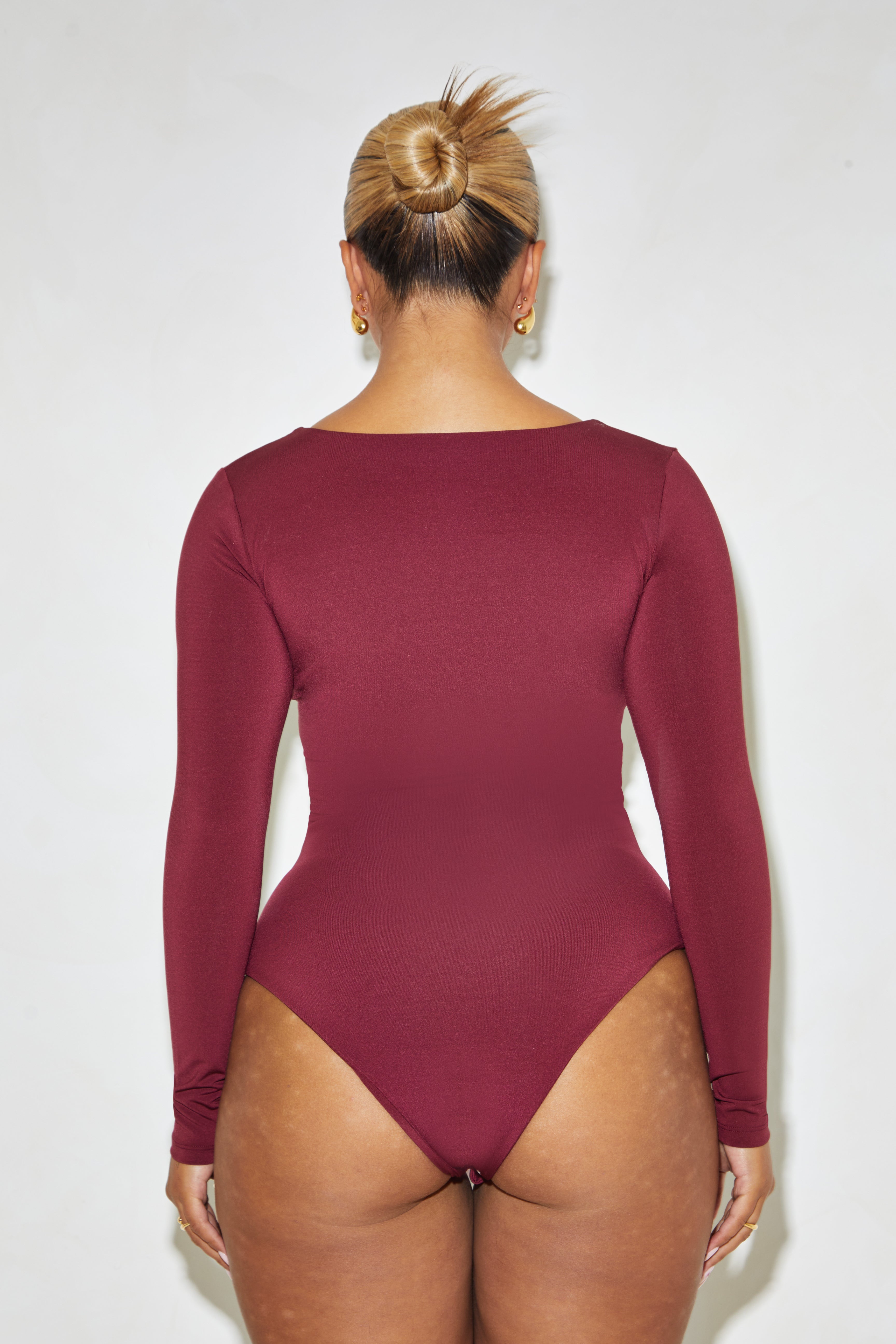 Elegant Long Sleeve Plunge Neck 'Grace' Bodysuit in Zinfandel