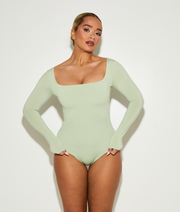 Chic Long Sleeve Square Neck 'Charlie' Bodysuit with Tummy Control - Matcha Green